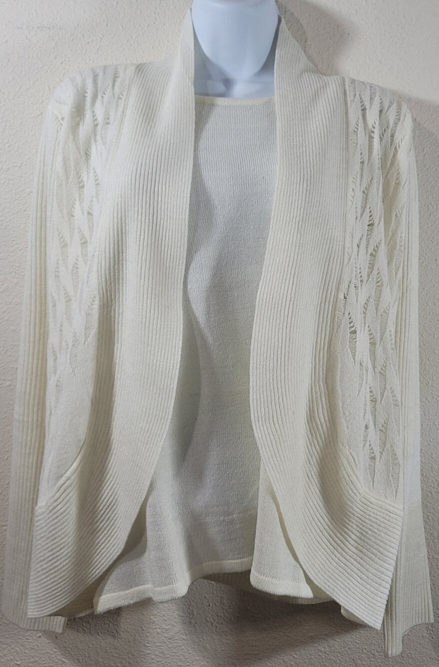 Sara Morgan Cream Ribbed Open Weave Layered Cardigan Two-in-One Sweater Medium